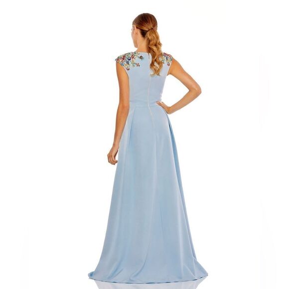 Mac Duggal NWT 26540 BEADED CAP SLEEVE V NECK A LINE GOWN in French Blue… - Picture 3 of 13